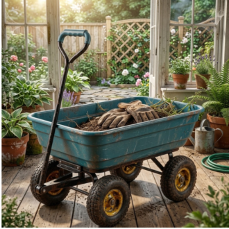 A heavy-duty teal 4-tyre garden wheelbarrow carrier truck loaded with soil and gardening gloves in a sunlit greenhouse.