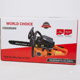 Product packaging box for the World Choice Gasoline Chainsaw Machine 20" 52cc, featuring a clean orange and black petrol chainsaw design on a red and white box with Demikkys Global branding.