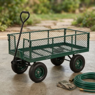 A green mesh metal garden utility cart parked on a concrete surface next to a coiled hose and leather work gloves.