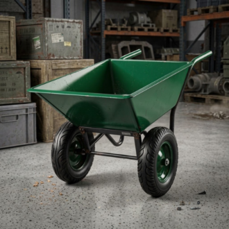 A heavy-duty green dual-wheel wheelbarrow parked on a concrete warehouse floor surrounded by industrial storage crates and shelving.