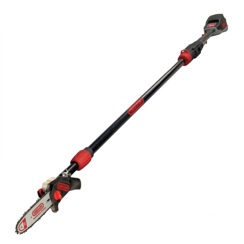 Untitled design (3) Oregon Cordless Rechargeable Extendable Pole Saw on a solid white background, showing its telescoping black shaft, red locking collars, and a sharp 8-inch Oregon cutting bar.