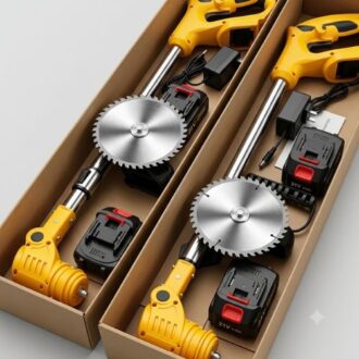 Dewalt style cordless grass trimmer and lawn edger kit with two 21V batteries, circular saw blade attachments, and chargers displayed inside unboxing cardboard packaging.