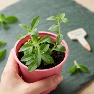 Healthy Stevia Seedlings (Sugar Plant) in nursery containers with fresh green leaves and dried stevia leaves for herbal gardening and natural sweetener use in Nigeria.