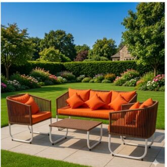 Brand New 3-piece Rattan Outdoor Patio Set With Red Cushions arranged on a stylish outdoor patio with modern rattan chairs and matching table for garden relaxation in Lagos Nigeria