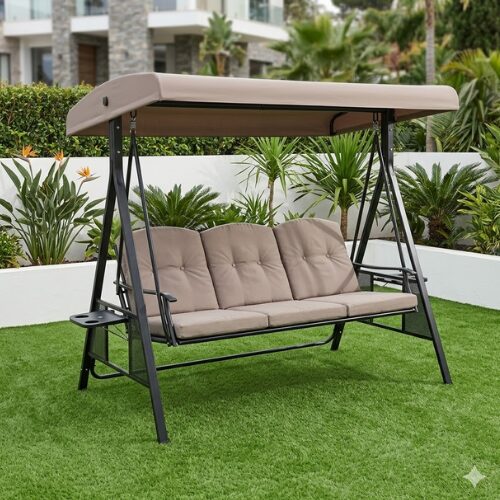 Untitled design (34) Luxurious Outdoor Swing Patio with comfortable cushioned seating and durable weather-resistant frame placed in a modern garden relaxation area in Lagos Nigeria
