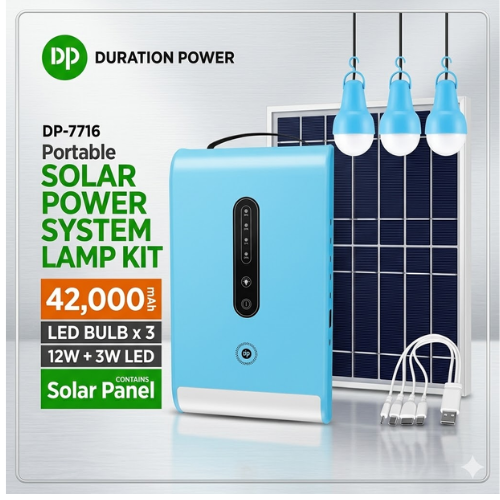 Untitled design (42) DP 12000mah Multifunctional Solar Light Kit with 3 LED bulbs and USB charging port for home lighting, emergency backup, and solar power use in Nigeria.