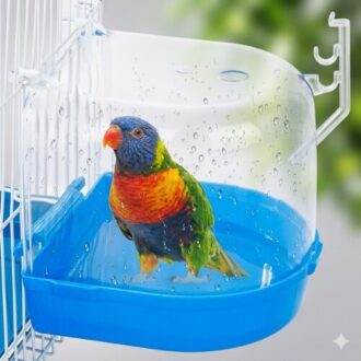 Hanging Clear Bird Parrot Shower Bath Tub for Cages with transparent design for pet birds, easy-to-attach cage bath accessory for parrots and small birds.