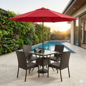 Garden Patio Furniture Set With a Waterproof Parasol Umbrella featuring outdoor table and chairs for garden, patio, balcony, and poolside relaxation.