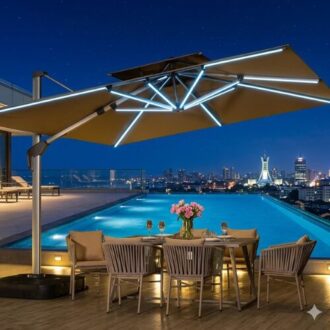 Garden Outdoor Umbrella Parasol Canopy With Solar Light providing stylish shade and solar-powered LED lighting for patio, garden, poolside, and outdoor dining areas.
