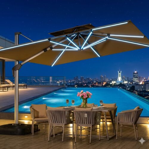 Untitled design (48) Garden Outdoor Umbrella Parasol Canopy With Solar Light providing stylish shade and solar-powered LED lighting for patio, garden, poolside, and outdoor dining areas.