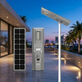 Blue Power All in One Solar Street Light mounted outdoors providing bright energy-efficient LED illumination for streets, compounds, and gardens in Nigeria.