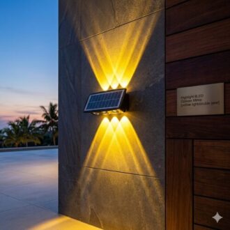 Outdoor Led Solar Light mounted on an exterior wall, providing bright energy-efficient illumination for gardens, pathways, fences, driveways, and outdoor security lighting. Waterproof solar-powered LED lamp with modern durable design for residential and commercial outdoor use.
