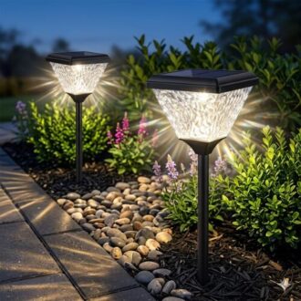 Solar Crystal Pathway Light illuminating a garden walkway with elegant crystal-style LED lighting. Waterproof solar-powered pathway lamp designed for outdoor gardens, patios, lawns, driveways, and landscape decoration.