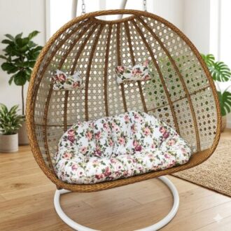 Luxury Double Seater Basket Swing Chair with soft cushions for indoor and outdoor relaxation, perfect for balcony, garden, patio, courtyard, and modern home décor.