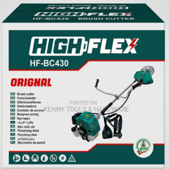 High-Flex HF-BC430 Brush Cutter and Lawn Mower product packaging box showing the 43cc petrol grass trimmer with metal blade and harness.