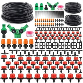 Complete automatic drip irrigation kit featuring black tubing hose coils, green and orange hose connectors, Y-valves, support stakes, Teflon tape, and various red and black drip emitters against a plain white background.