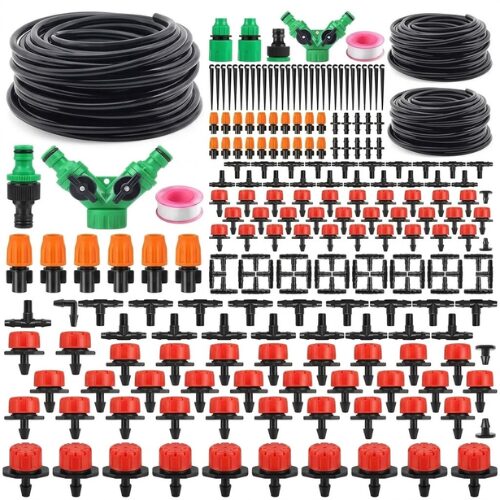 Untitled design (8) Complete automatic drip irrigation kit featuring black tubing hose coils, green and orange hose connectors, Y-valves, support stakes, Teflon tape, and various red and black drip emitters against a plain white background.