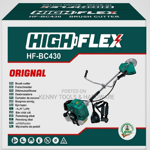 Untitled design High-Flex HF-BC430 Brush Cutter and Lawn Mower product packaging box showing the 43cc petrol grass trimmer with metal blade and harness.