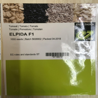 Genuine Enza Zaden Elpida F1 hybrid tomato seed packet containing 1000 seeds.