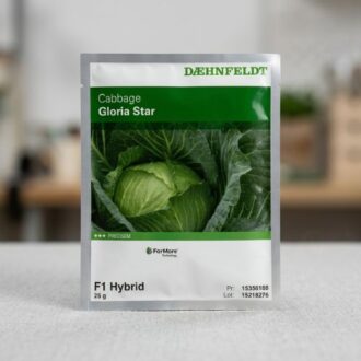 25 gram sachet of Daehnfeldt Gloria Star F1 Hybrid cabbage seeds with FarMore Technology