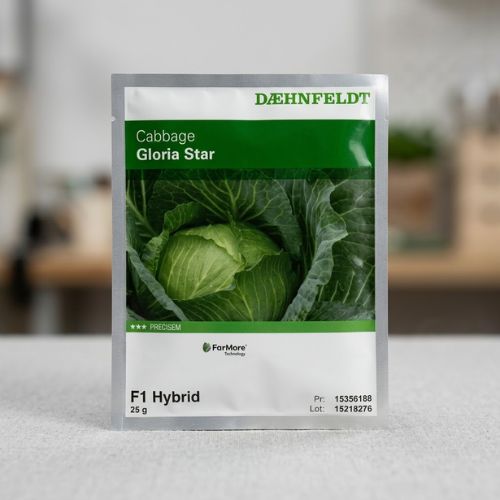 Untitled design (2) 25 gram sachet of Daehnfeldt Gloria Star F1 Hybrid cabbage seeds with FarMore Technology