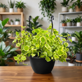 Golden Pothos hanging plant in a black nursery pot with lush variegated green and yellow foliage, clean indoor background