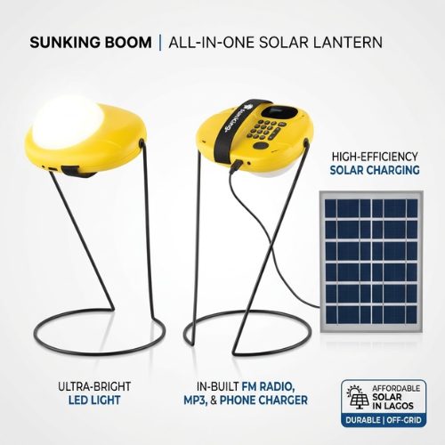 Untitled design (35) SunKing Boom all-in-one solar lantern with radio and phone charger, including stand and solar panel.