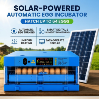 Solar-powered 64-egg automatic incubator with digital temperature display and solar panel set up on outdoor wooden table