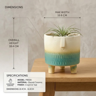 Handmade teal and cream glazed ceramic flower pot with legs and dimension specifications