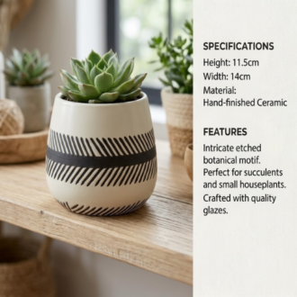 Hand-finished ceramic fish bone flower pot with succulent on wooden shelf