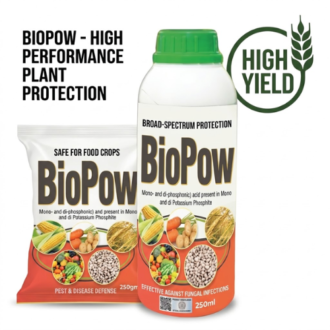 BioPow Fungicide and Acaricide 250ml bottle and 250g powder sachet for crop fungal control