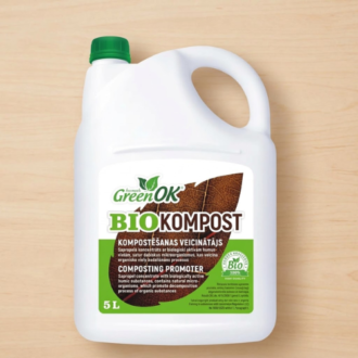 A 5-liter jug of GreenOK BioKompost composting promoter and organic sapropel concentrate, featuring a green cap and product label against a light wood background.