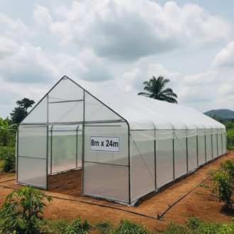 Farmsquare 8m x 24m gothic greenhouse kit with galvanized steel frame and anti-drip plastic film in Nigeria