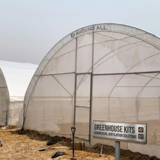 A commercial greenhouse with high tunnels, a transparent plastic covering, and a metal structure under a clear sky.