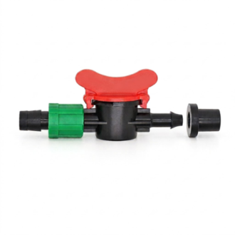 Drip irrigation tape to tubing shut-off valve connector with red wing handle and rubber sealing grommet.
